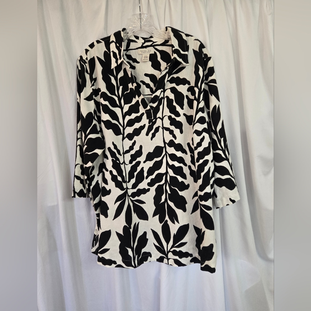 Rachel Zoe Black/ White Print Linen Blend Blouse/ Top Plus Size 2X